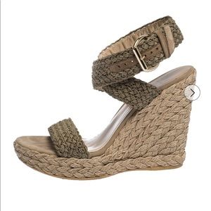 Stuart Weitzman Khaki Woven Fabric Espadrille Wedge Sandals